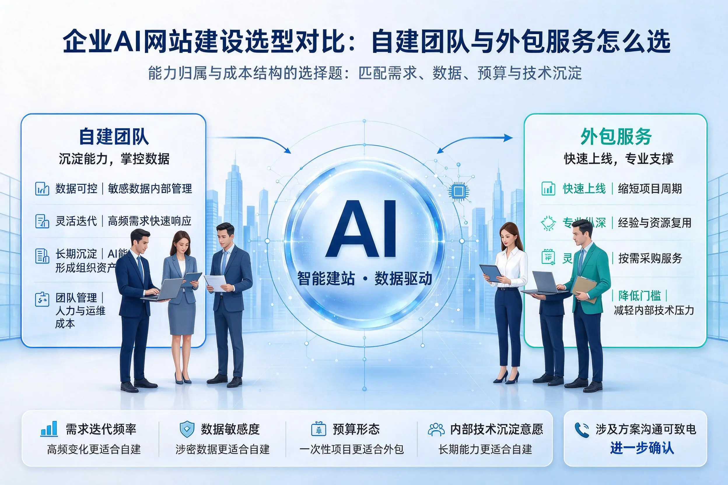 平凉企业AI网站建设选型对比：自建团队与外包服务怎么选